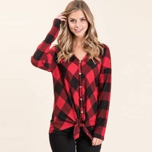 Hooded red and black plaid v neck